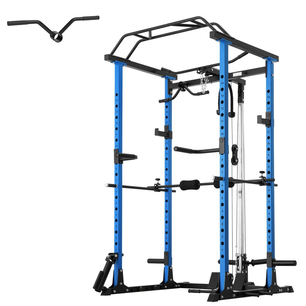 Power Rack Cage, Squat Rack with LAT Pulldown System, 1200LB Capacity Weight Cage Home Gym with 360° Landmine, Dip Bars, Band Peg, Gym Equipment (Red)