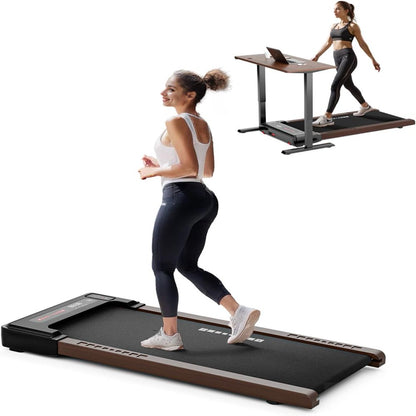 under Desk Treadmill, Brown Wood Electric Treadmill with Remote Control, Walking Jogging Machine